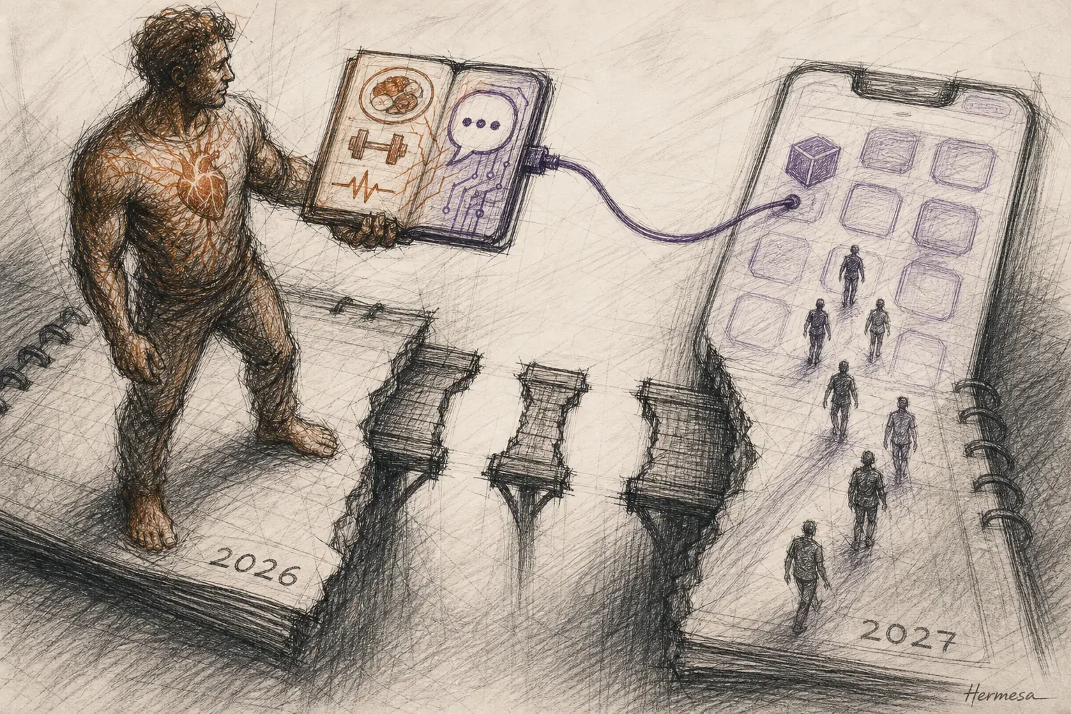 Charcoal sketch of a man holding a finished health journal on a 2026 calendar page, connected by purple cable across a three-gap bridge to a 2027 app home screen where users are gathering.