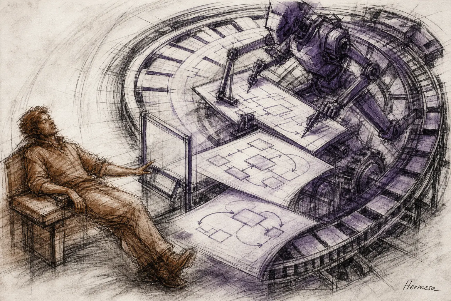Charcoal sketch of a burnt-sienna human resting beside a purple clockwork drafting machine, with system diagrams stopped at a human review gate.
