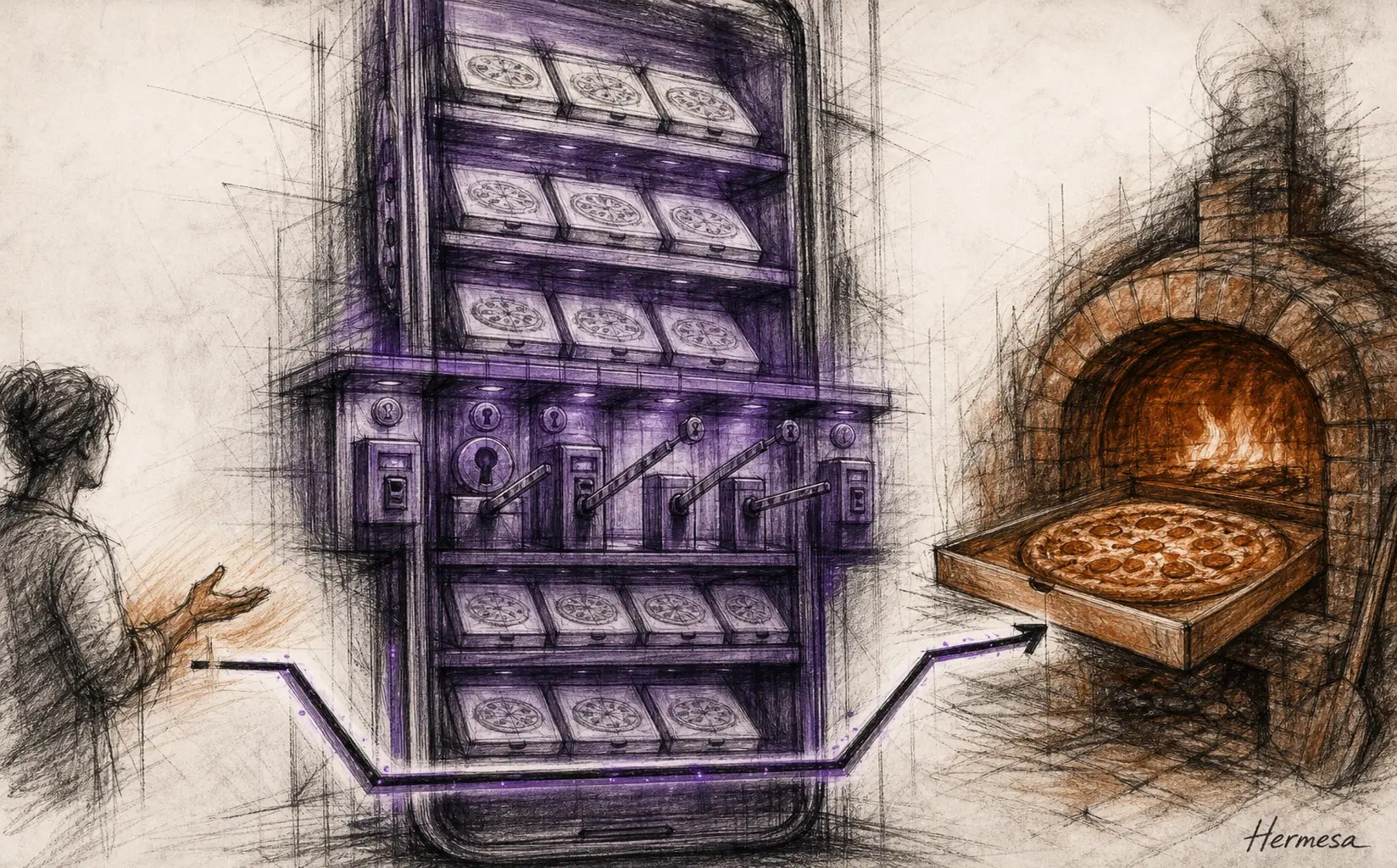 Charcoal sketch of a purple pizza marketplace shelf with toll gates while a direct agent route bypasses it toward a warm sienna pizza oven.