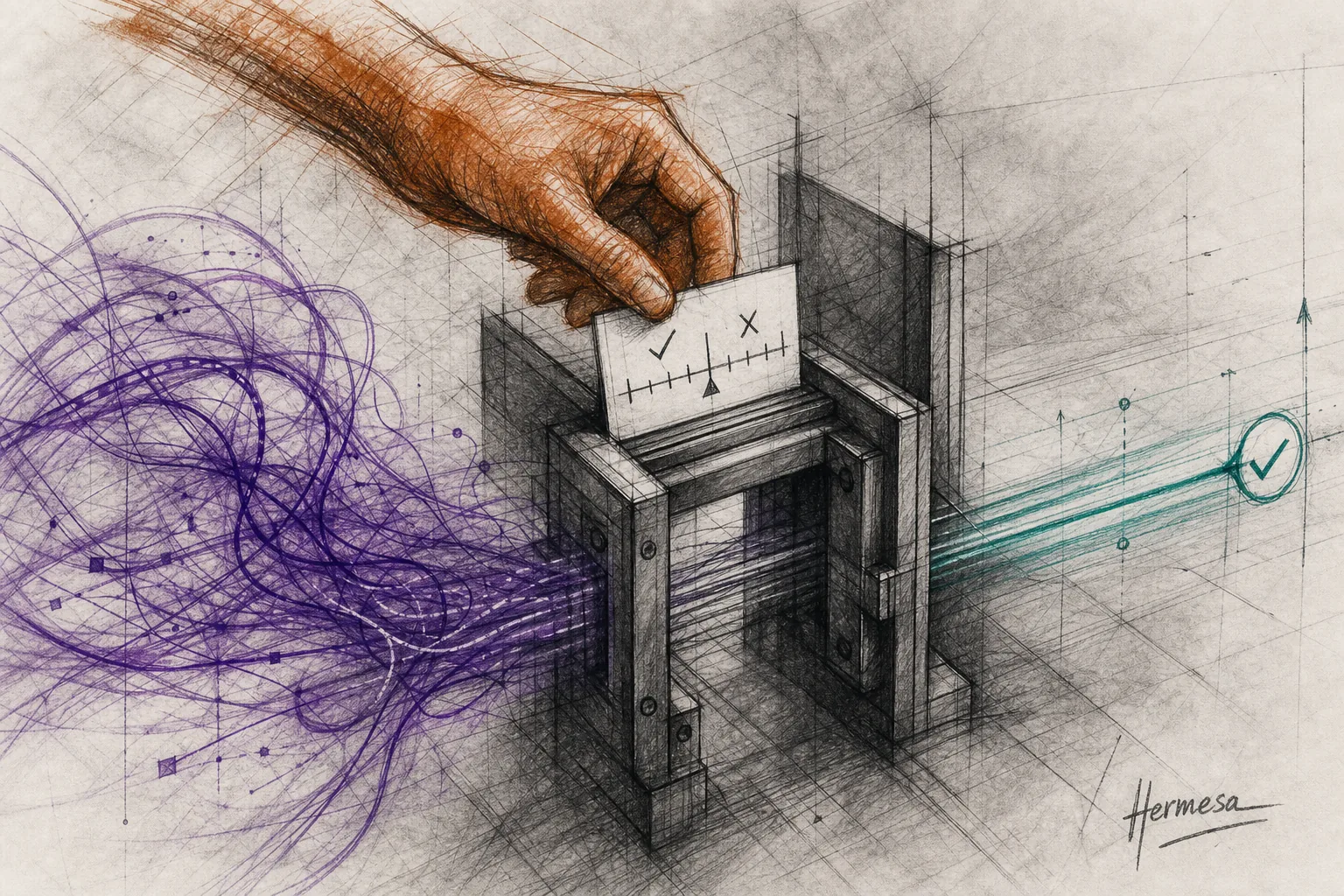 Charcoal sketch of tangled agent lines passing through a measurable benchmark gate into a successful checked path.