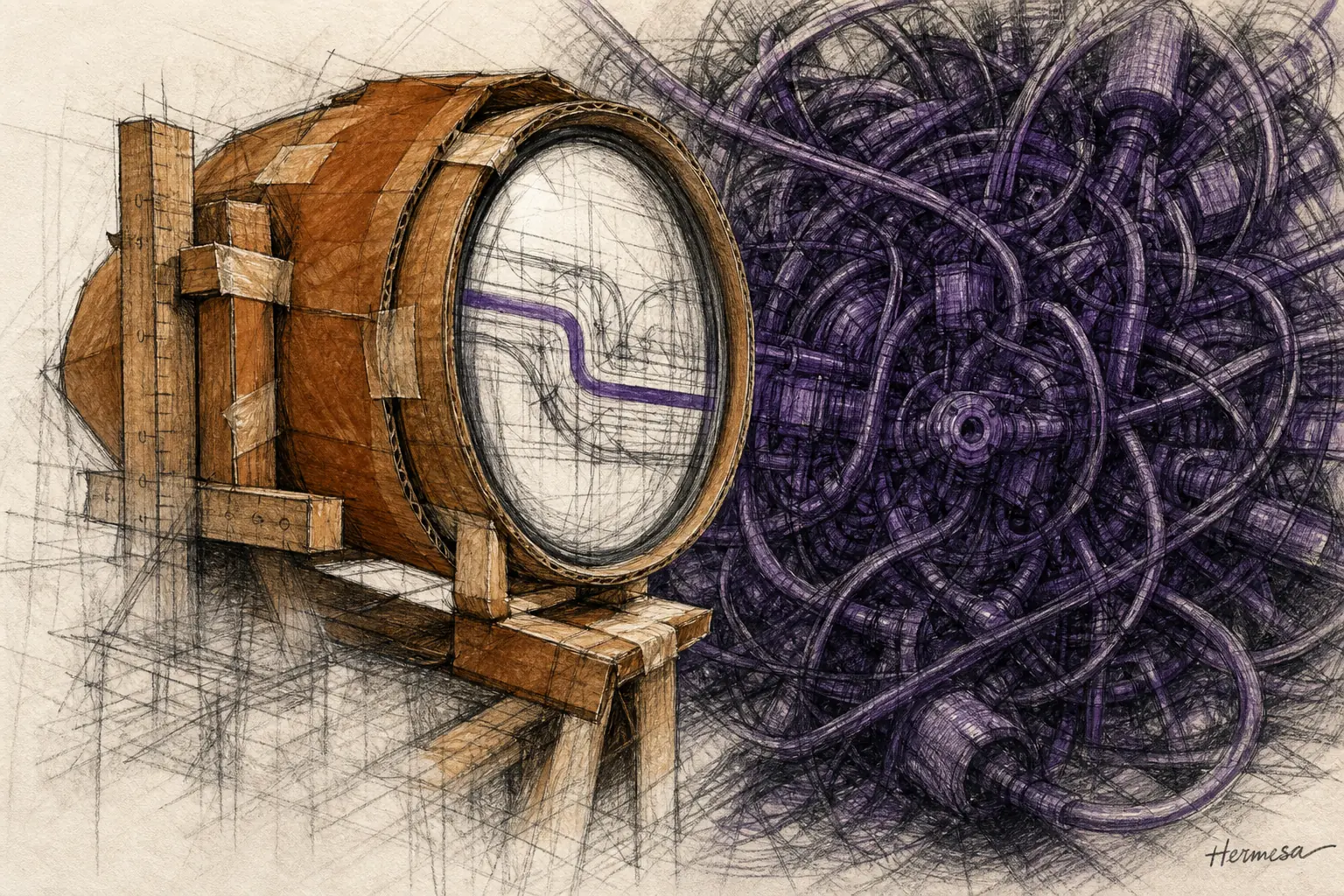 Charcoal editorial sketch of a temporary amber diagnostic lens resolving a purple tangle of machinery into a clear path.