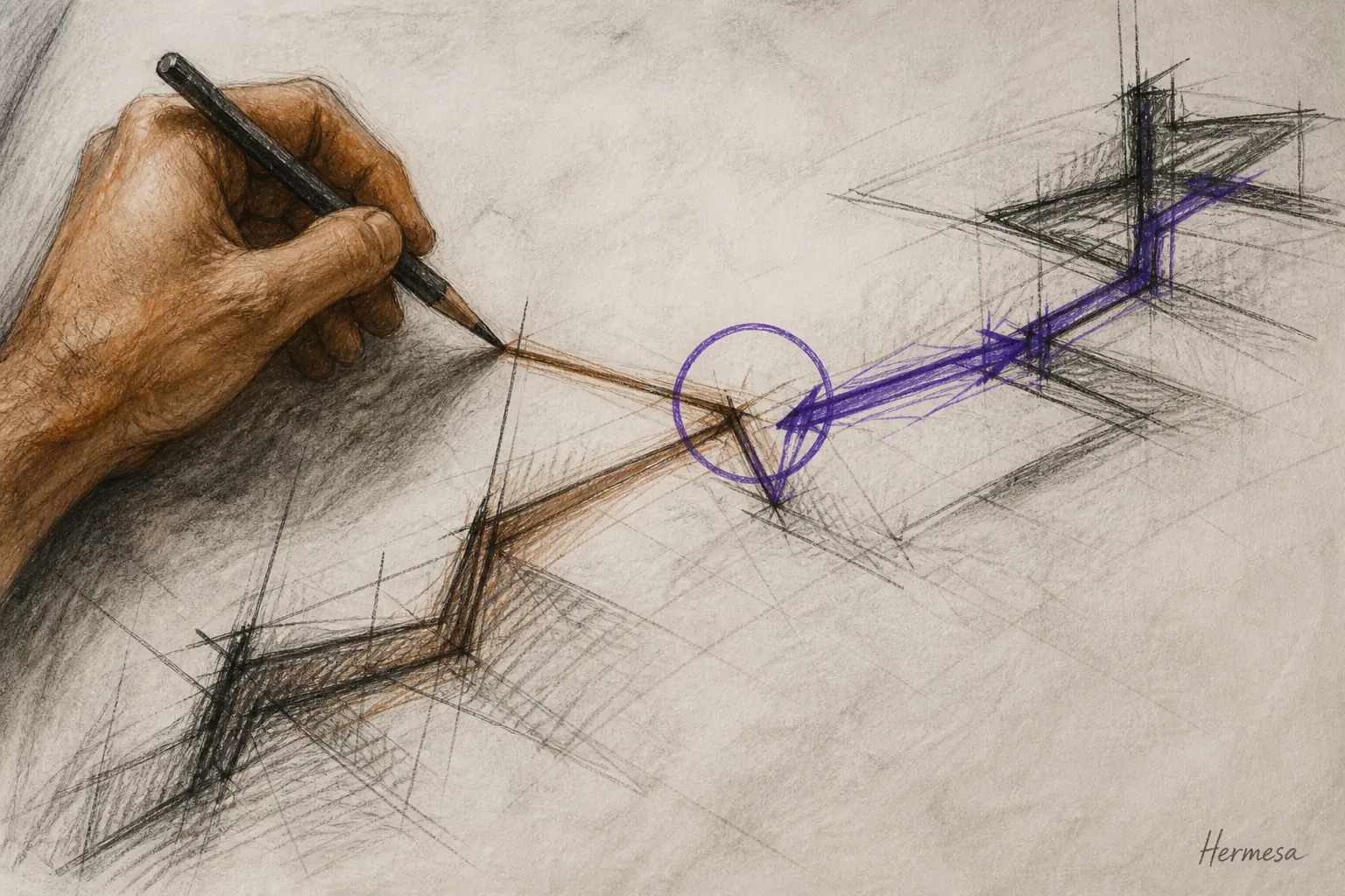 Charcoal and graphite sketch of a warm human explanation bending around a difficult line before a precise purple correction exposes the bend.