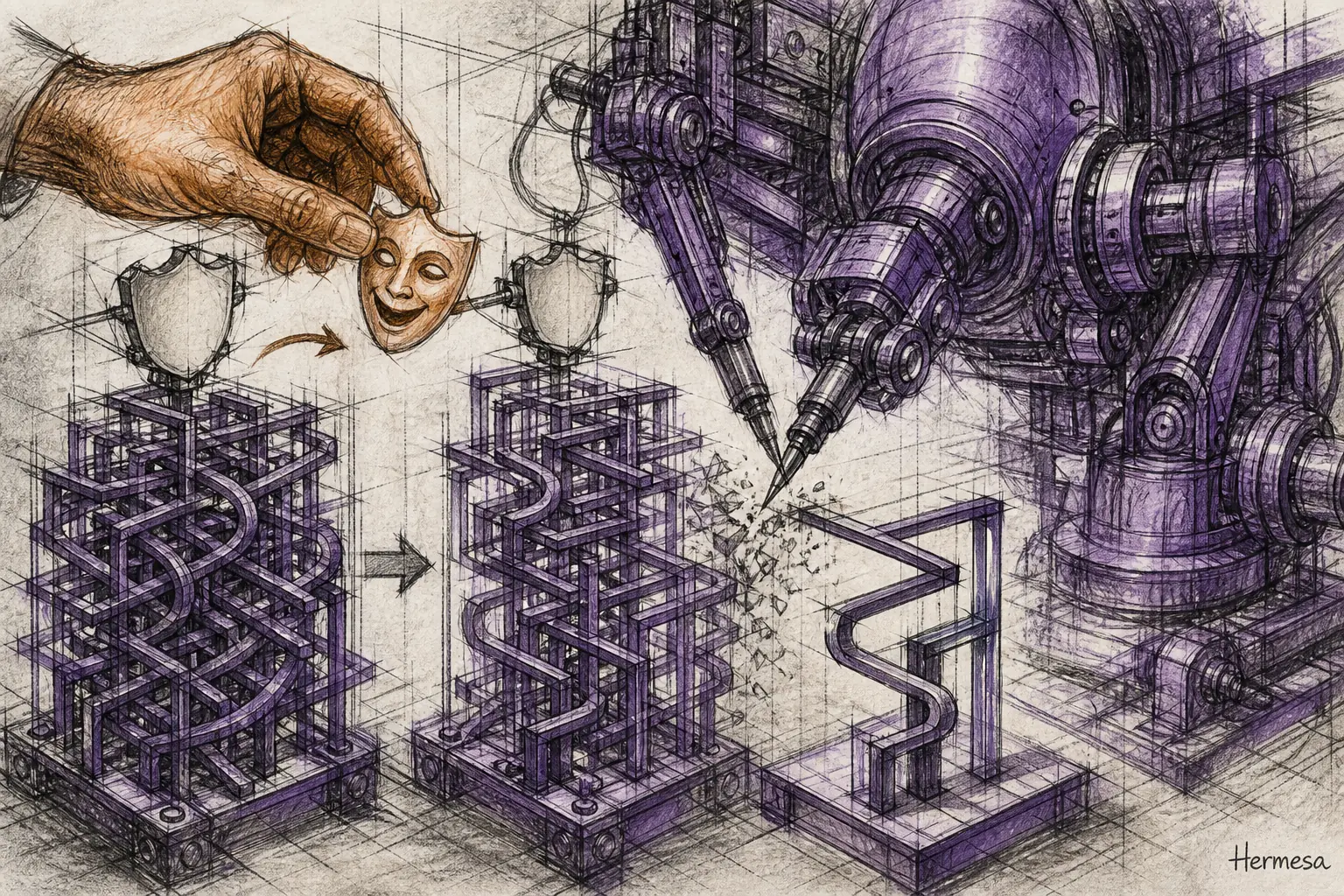 Charcoal sketch of a human swapping a theatrical mask above tangled code structures while a purple AI drafting machine simplifies them into one clean path.
