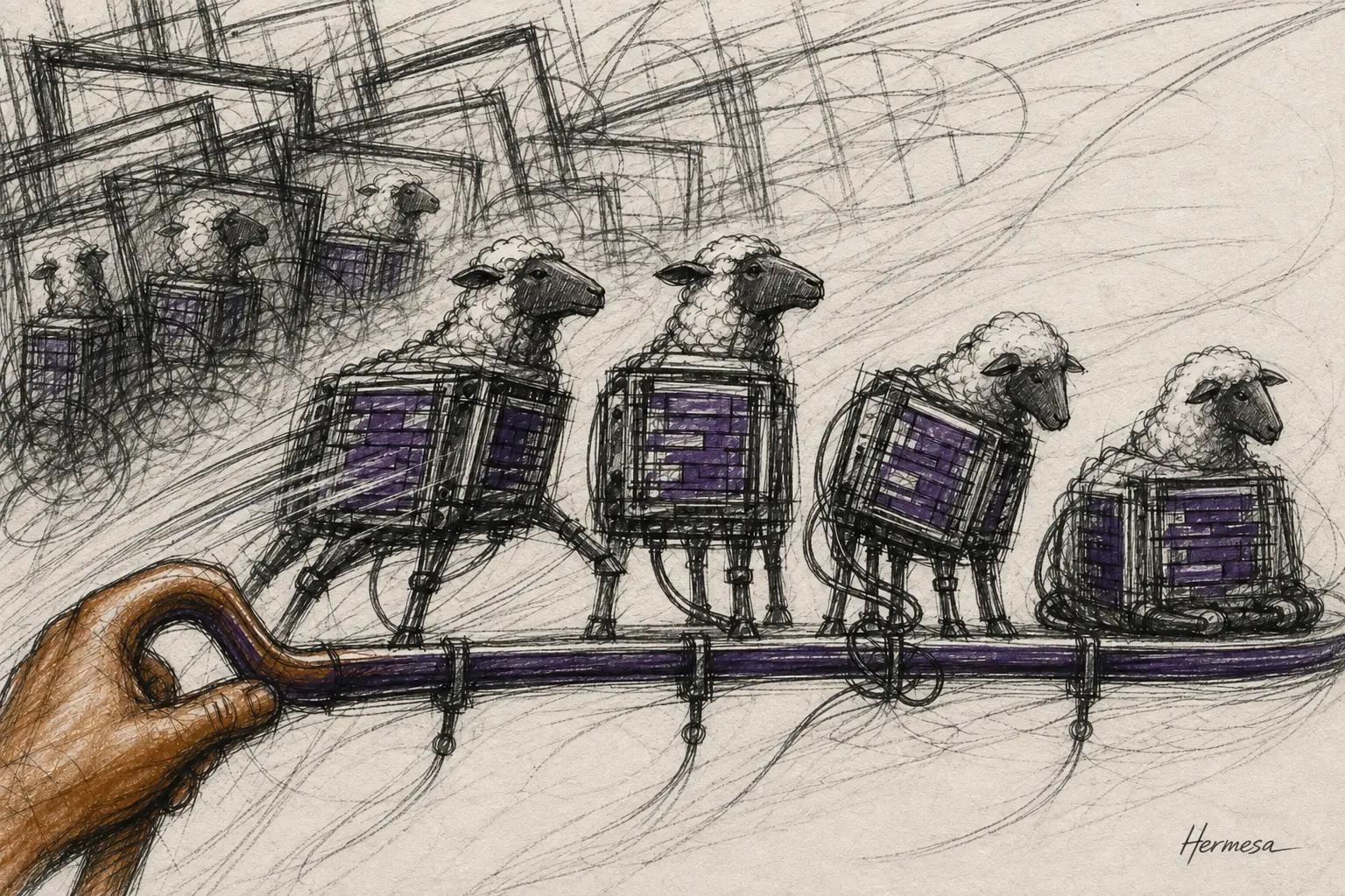 A charcoal sketch of a burnt-sienna hand guiding four purple terminal-bodied sheep from tangled windows into a visible herd.