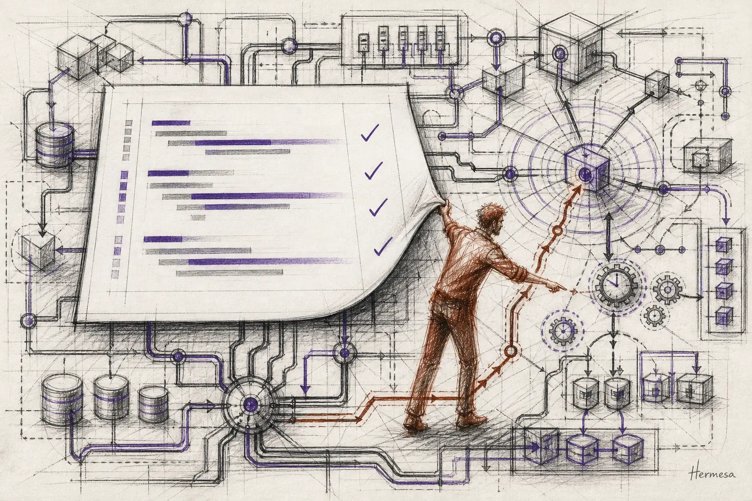 Charcoal editorial sketch of a clean purple code diff lifted to reveal the larger dependency network and blast radius a human reviewer must trace.