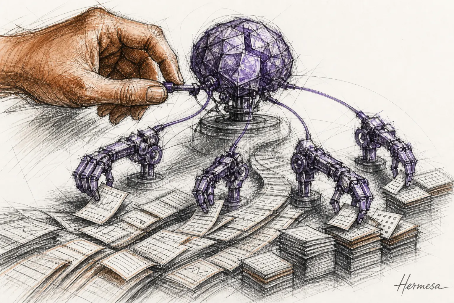 Charcoal editorial sketch of a human hand directing a purple orchestrator that coordinates robotic hands sorting a stream of ledger slips.