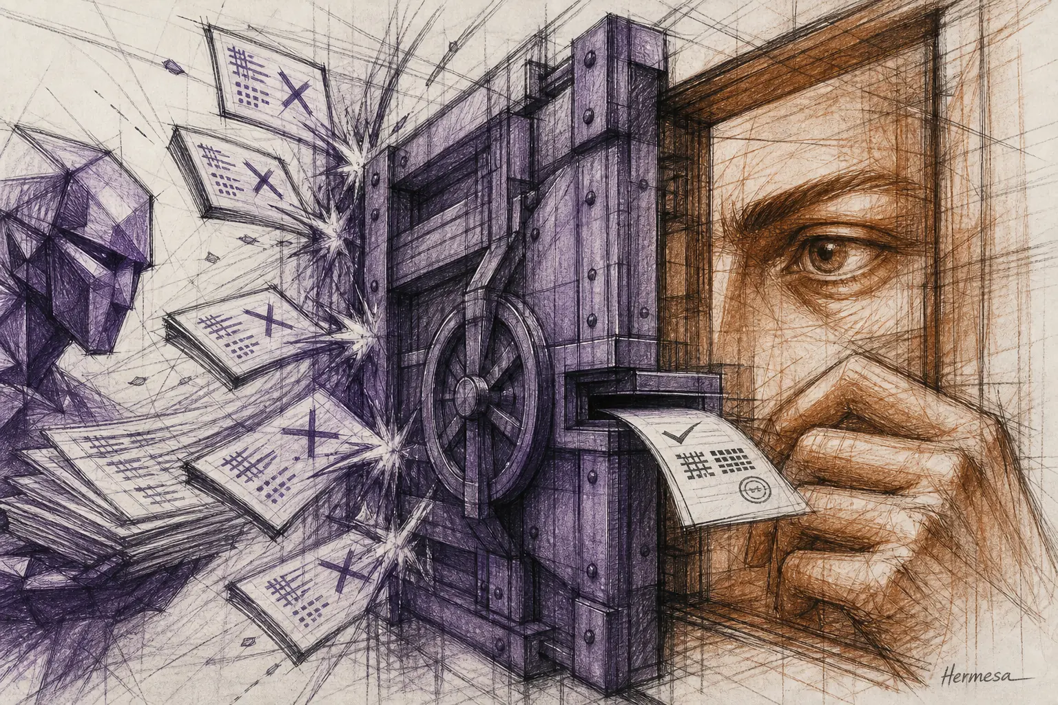 Charcoal editorial sketch of a purple verifier gate blocking AI-generated code from entering a human review room until it carries evidence.