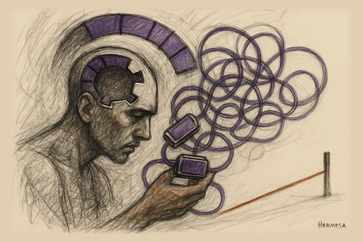 Charcoal sketch of a person feeding purple workflow modules into an empty cybernetic slot while tangled loops give way to one straight burnt-sienna goal line.