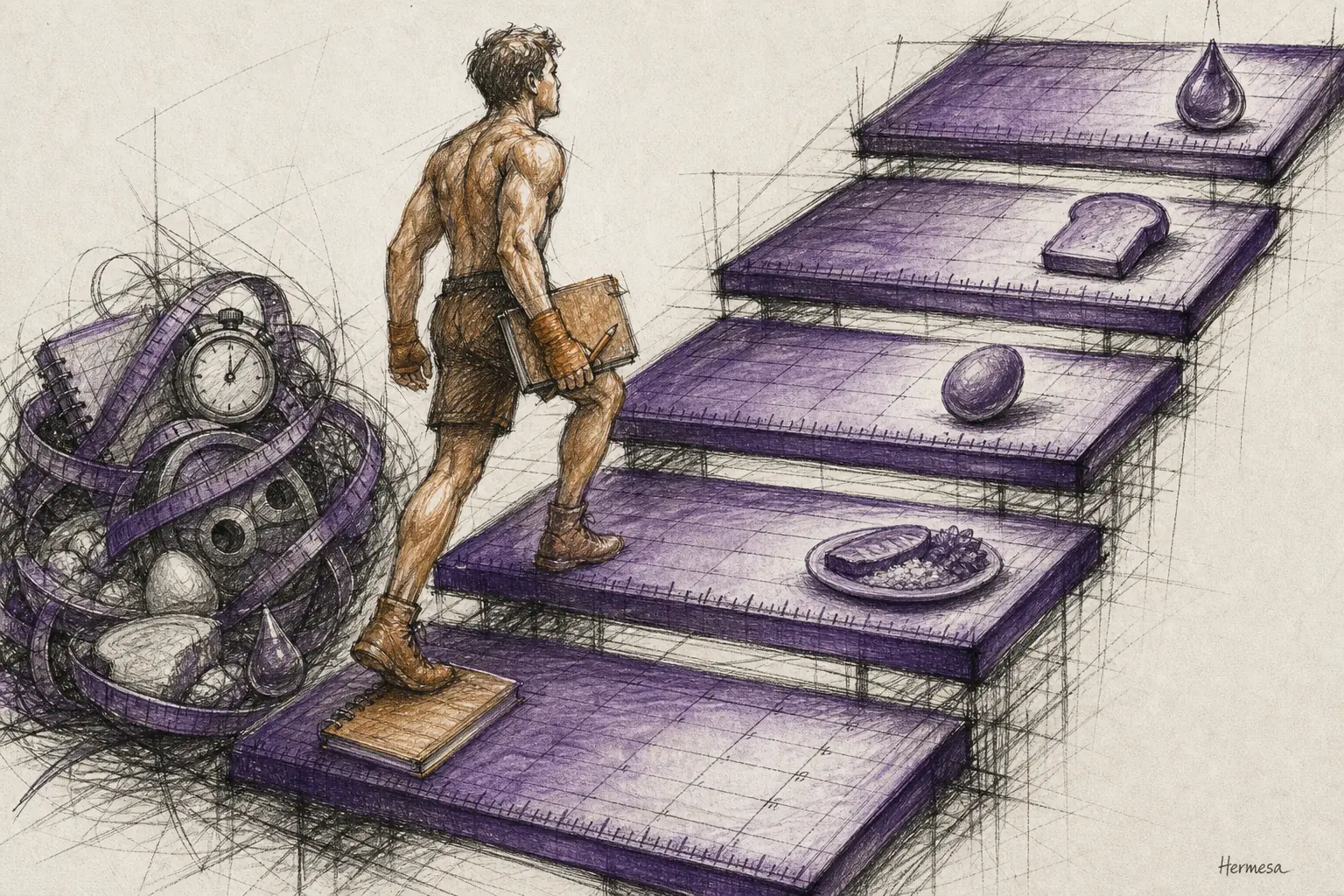 Charcoal sketch of an athlete carrying one notebook up five purple calendar steps, with a tangled pile of training and nutrition metrics left behind.