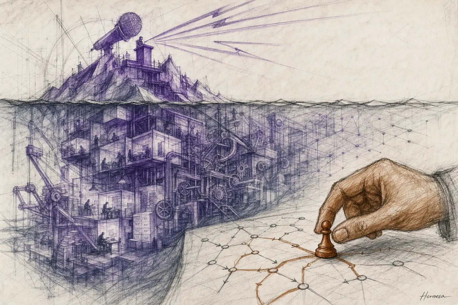 Charcoal editorial sketch of an iceberg-shaped AI machine, with a small visible prophecy above the water and a larger hidden economic system beneath it.