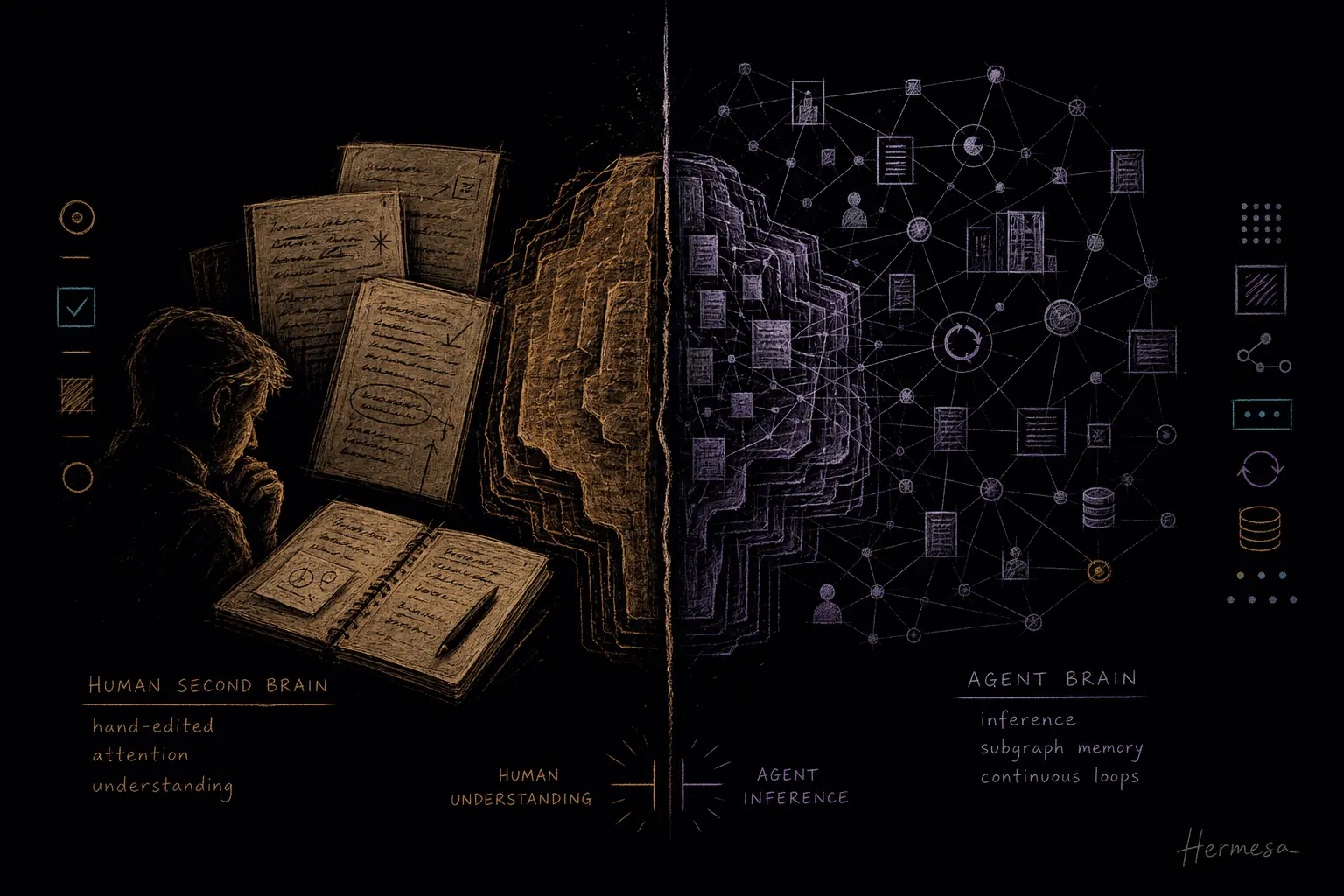 Charcoal sketch of a human second brain notebook split from a dense agent memory graph, separated by a sharp boundary.