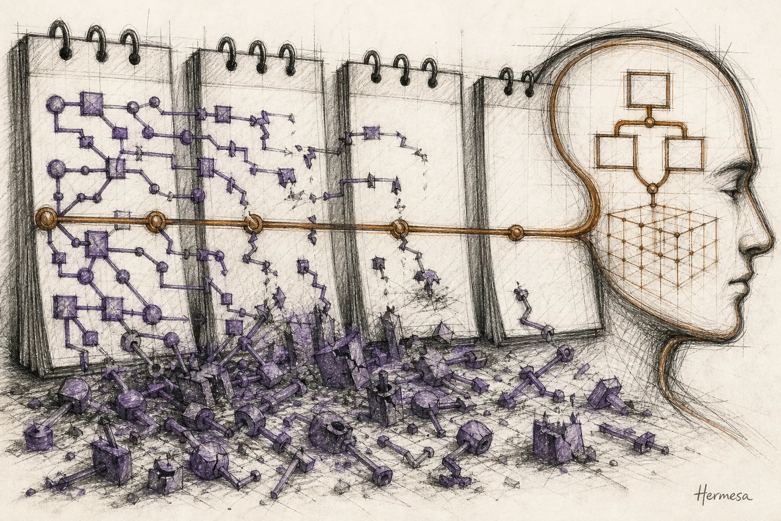 Charcoal sketch of four calendar pages where purple workflow graphs collapse into a graveyard while one burnt-sienna path survives and fits the contour of a human head.