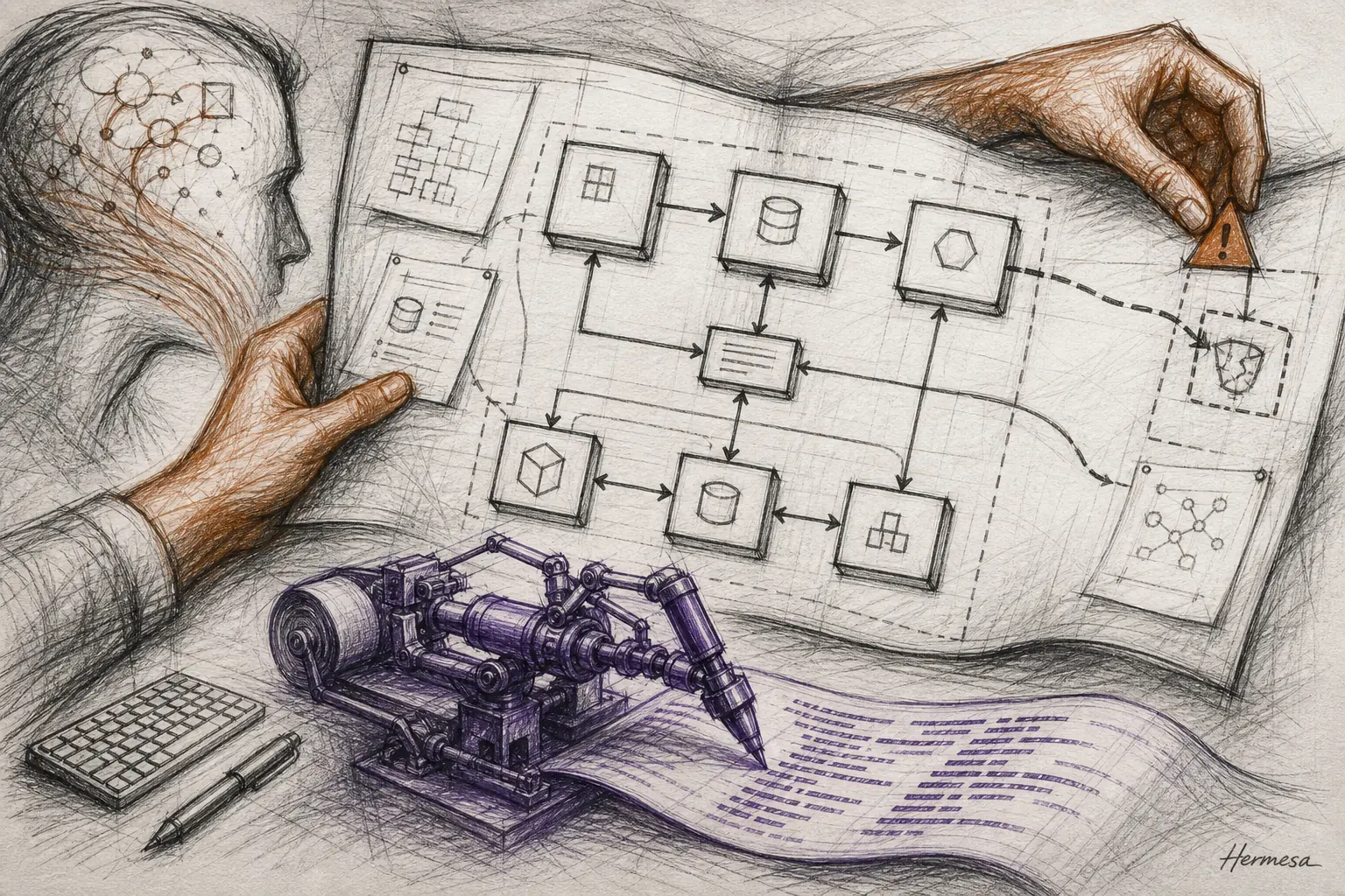 Charcoal systems map held open by human hands while a purple mechanical pen writes code and a distant fragile service is marked in sienna.
