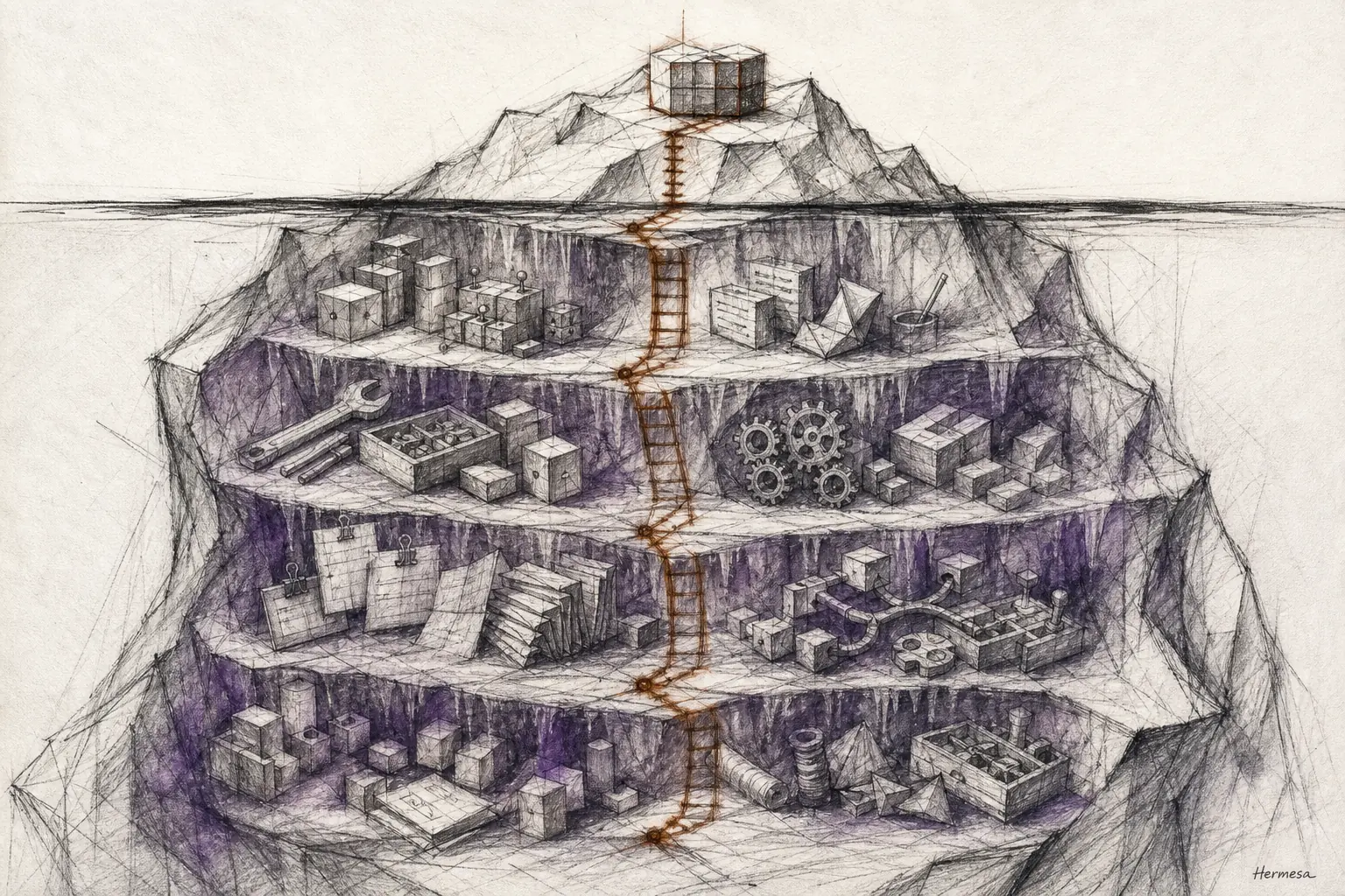 Charcoal cross-section of an iceberg with hidden workflow tools below the waterline and a burnt-sienna ladder promoting them toward one shared block at the peak.