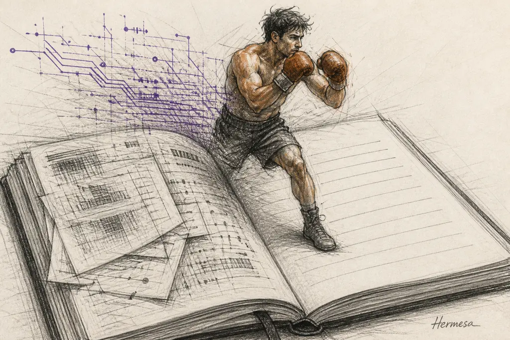 Charcoal sketch of a boxer with sienna gloves stepping out of the blank workout page of an open journal, while purple circuitry trails from the filled work pages.