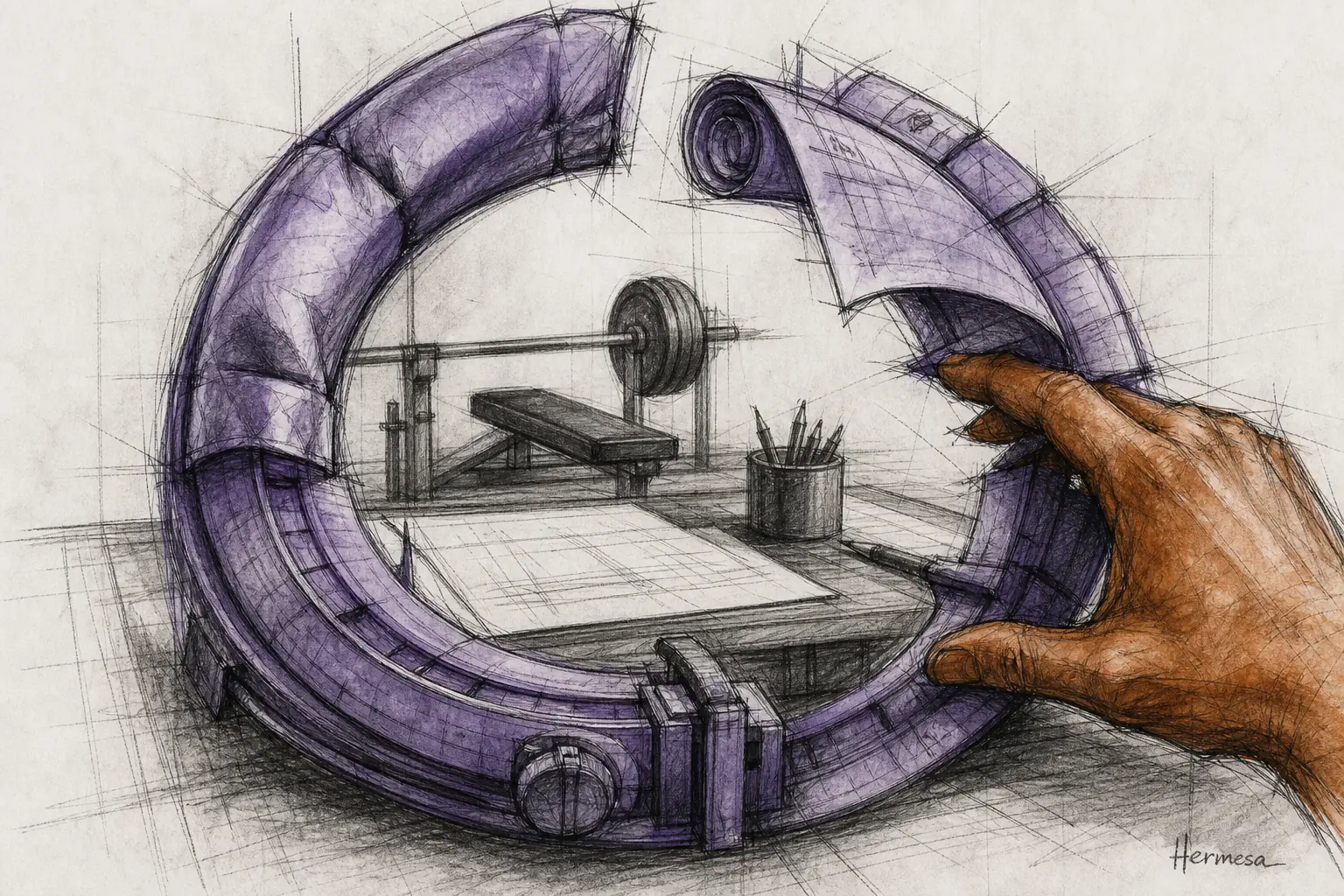 Charcoal editorial sketch of a purple habit loop opening around a desk, draft page, and bench press, with a warm hand reclaiming the ordinary work inside.