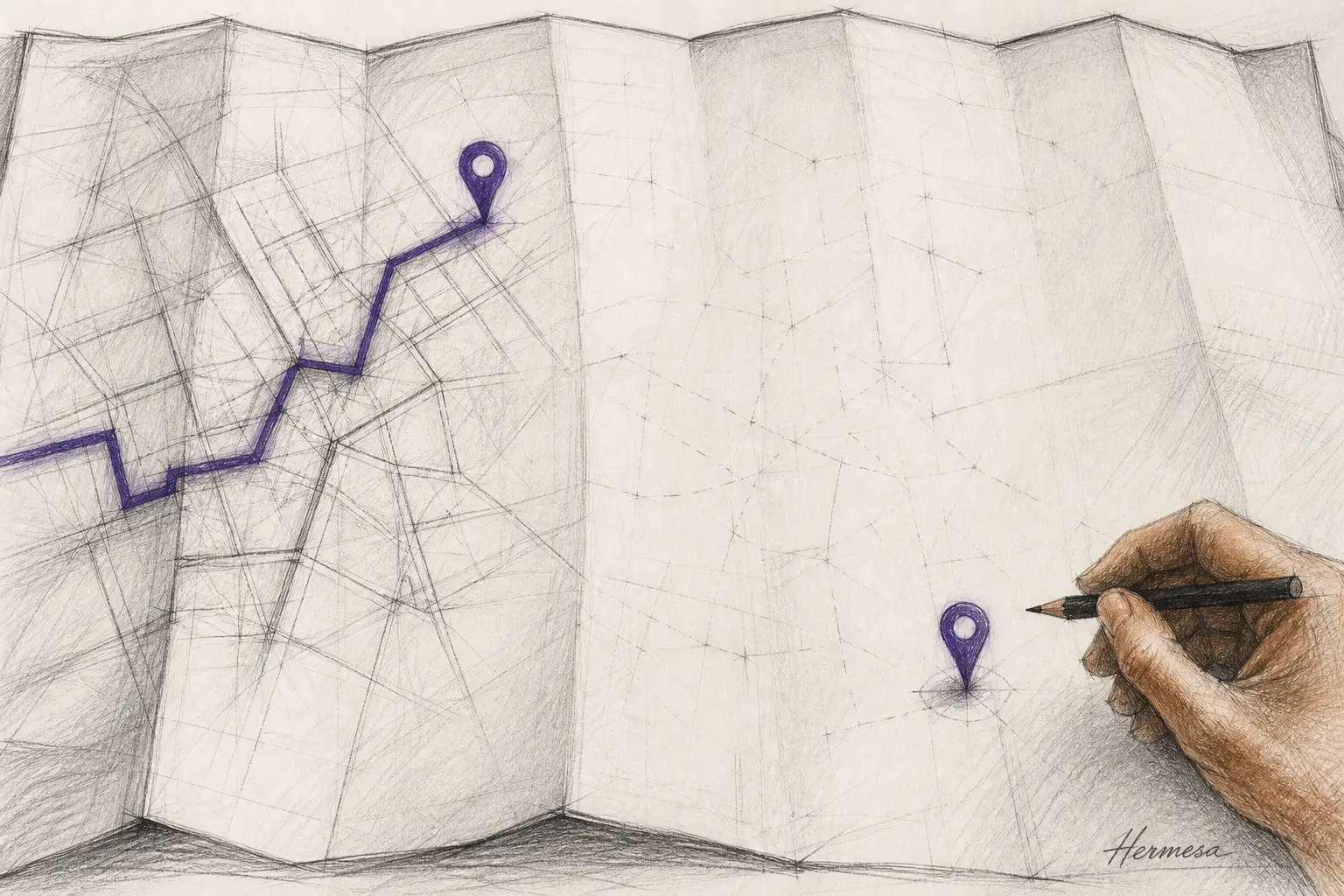 Charcoal sketch of a purple route reaching one pin while a sienna hand hesitates over a second pin on a map with no streets between them.