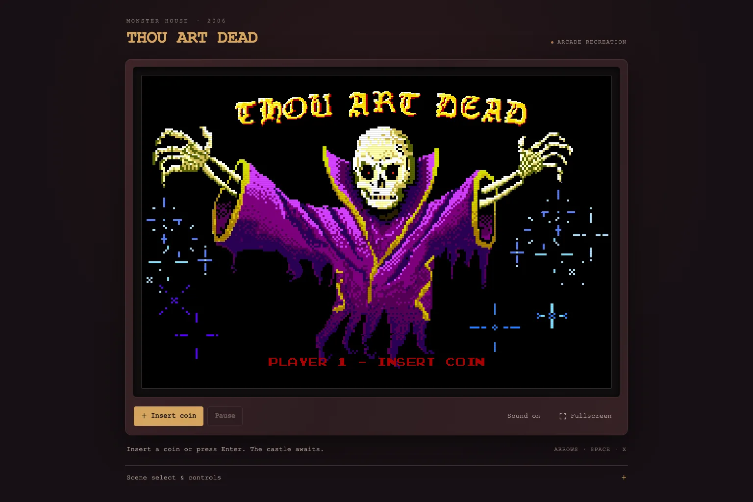 Attract screen of the recreated Thou Art Dead arcade game: a pixel-art skeleton in a purple robe under the gothic title, with PLAYER 1 - INSERT COIN in red.