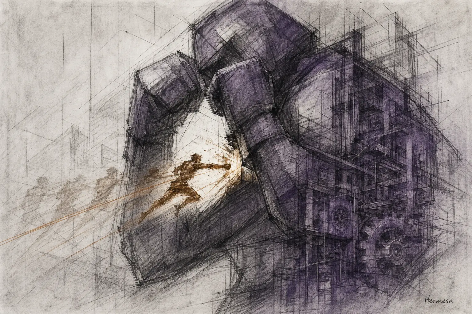 Charcoal sketch of a small precise boxer striking through an opening in a heavy guarded machine-like opponent.