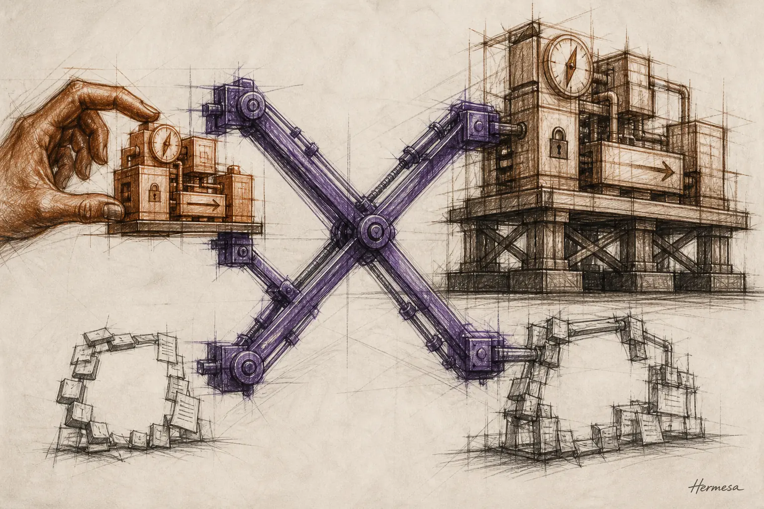 Charcoal sketch of the same purple multiplying mechanism turning a dense sienna judgment core into a stable engineered system while a hollow ring of typed pages produces only a hollow structure.