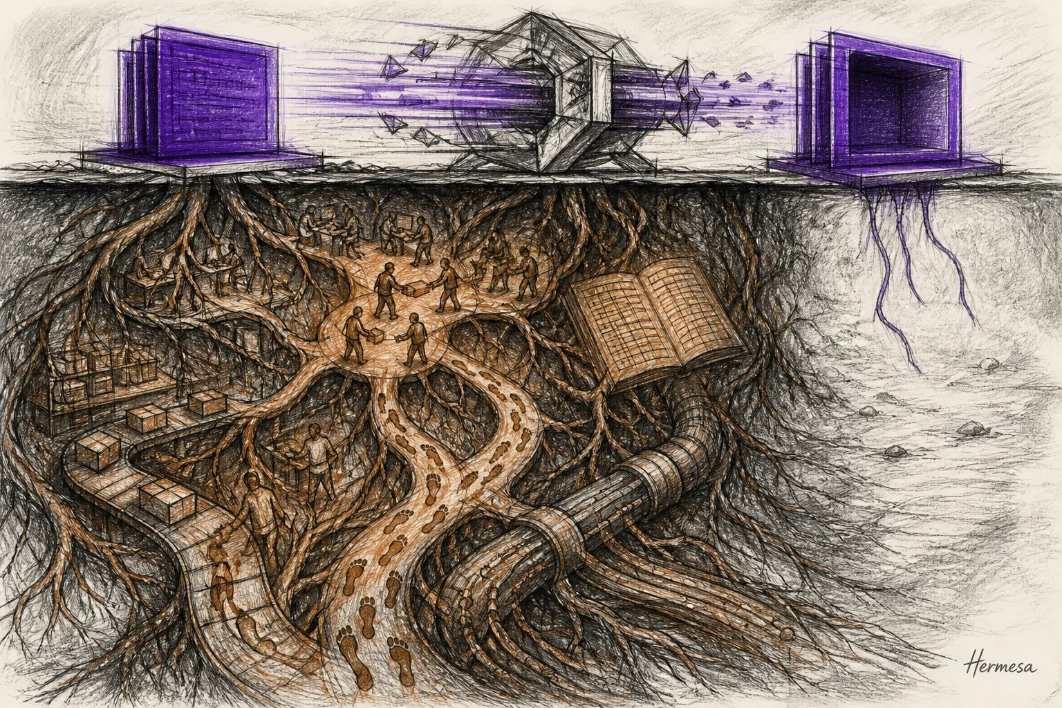 Charcoal cross-section of a purple software shell being copied while the original rests on deep sienna roots made of workflows, people, infrastructure, and records.